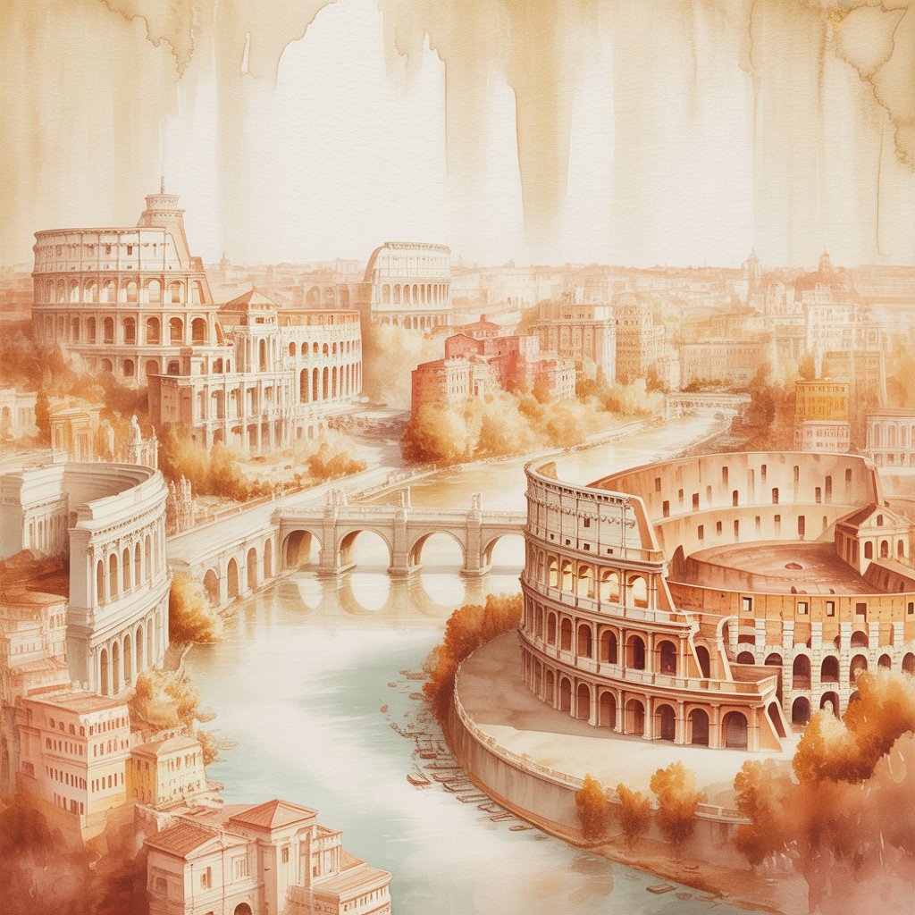 Vintage watercolor map of Rome showing the Tiber River and historic neighborhoods including Trastevere, Monti, Centro Storico, and Testaccio